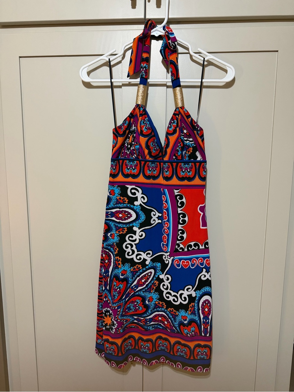 Cache Multicolor Halter Mini Dress with Bold Paisley Print
